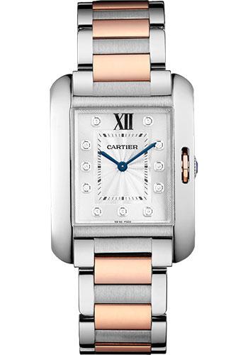 Cartier Tank Anglaise Watch - Medium Steel Case - Silvered Diamond Dial - Pink Gold And Steel Bracelet - WT100032 - Luxury Time NYC