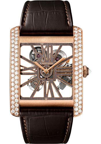Cartier Tank MC Skeleton Watch - 34.5 mm Pink Gold Diamond Case - Diamond Bezel - Pink Gold Dial - Brown Alligator Strap - HPI00715 - Luxury Time NYC