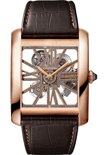 Cartier Tank MC Watch - 34.5 mm Pink Gold Case - Pink Gold Case Bezel - Skeleton Dial - Brown Alligator Strap - W5310040 - Luxury Time NYC