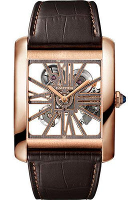 Cartier Tank MC Watch - 34.5 mm Pink Gold Case - Pink Gold Case Bezel - Skeleton Dial - Brown Alligator Strap - W5310040 - Luxury Time NYC