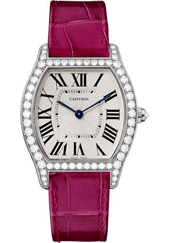 Cartier Tortue Watch - 39 mm White Gold Diamond Case - Fuchsia-Pink Alligator Strap - WA501009 - Luxury Time NYC