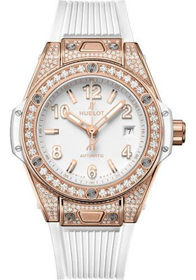Hublot Big Bang One Click King Gold White Pave Watch - 33 mm - White Dial - White Rubber Strap-485.OE.2080.RW.1604 - Luxury Time NYC