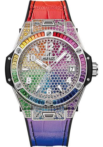 Hublot Big Bang One Click Steel Rainbow Watch - 39 mm - White Dial - Black Rubber and Multicolored Leather Strap-465.SX.9910.LR.0999 - Luxury Time NYC