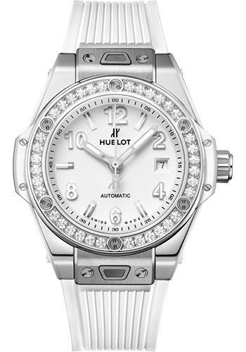 Hublot Big Bang One Click Steel White Diamonds Watch - 33 mm - White Dial - White Rubber Strap-485.SE.2010.RW.1204 - Luxury Time NYC