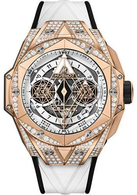 Hublot Big Bang Sang Bleu II King Gold White Pave Watch - 45 mm - White Skeleton Dial - White and Black Rubber Strap-418.OX.2001.RX.1604.MXM20 - Luxury Time NYC