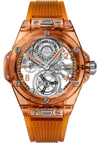 Hublot Big Bang Tourbillon Automatic Orange Sapphire Watch - 45 mm - Sapphire Dial - Transparent Orange Rubber Strap-419.JO.0120.RT - Luxury Time NYC