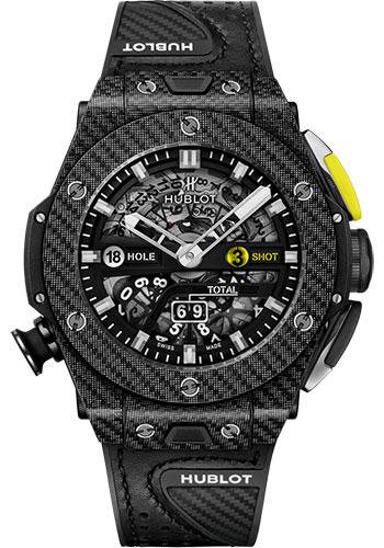 Hublot Big Bang Unico Golf Black Carbon Watch - 45 mm - Black Skeleton Dial - Black Rubber With Carbon Fiber Texture Decor and Black Calf Leather Strap-416.YT.1120.VR - Luxury Time NYC