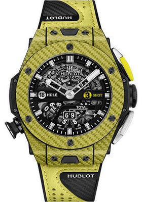 Hublot Big Bang Unico Golf Yellow Carbon Watch - 45 mm - Black Skeleton Dial - Black Rubber With Carbon Fiber Texture Decor and Yellow Calf Leather Strap Limited Edition of 100-416.YY.1120.VR - Luxury Time NYC