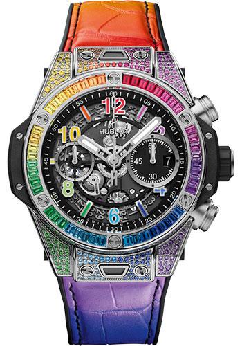 Hublot Big Bang Unico Titanium Rainbow Watch - 42 mm - Black Skeleton Dial - Black Rubber and Multicolored Leather Strap-441.NX.1117.LR.0999 - Luxury Time NYC
