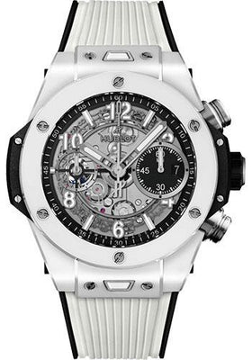 Hublot Big Bang Unico White Ceramic Watch - 42 mm - Black Skeleton Dial - Black and White Rubber Strap-441.HX.1171.RX - Luxury Time NYC