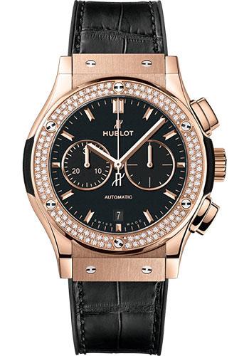 Hublot Classic Fusion Chronograph King Gold Diamonds Watch - 42 mm - Black Dial - Black Rubber and Leather Strap-541.OX.1181.LR.1104 - Luxury Time NYC