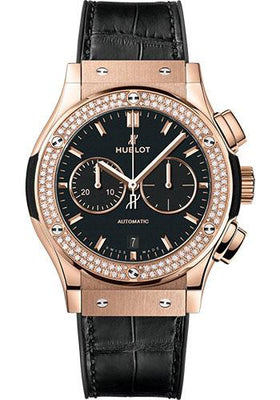 Hublot Classic Fusion Chronograph King Gold Diamonds Watch - 42 mm - Black Dial - Black Rubber and Leather Strap-541.OX.1181.LR.1104 - Luxury Time NYC