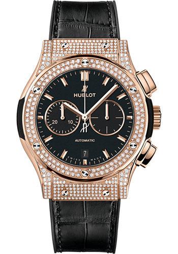 Hublot Classic Fusion Chronograph King Gold Pave Watch - 42 mm - Black Dial - Black Rubber and Leather Strap-541.OX.1181.LR.1704 - Luxury Time NYC