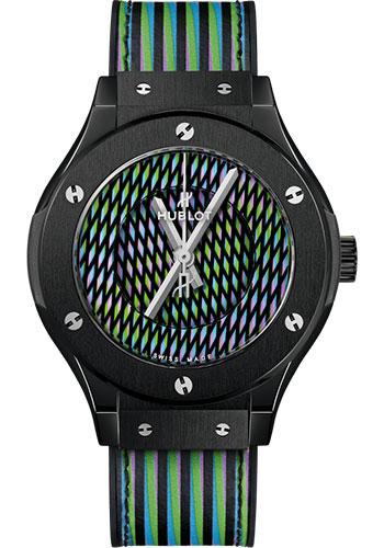 Hublot Classic Fusion Cruz Diez Ceramic Watch - 38 mm - Cruz Diez Two-Level Dial - Black Rubber and Cruz Diez Leather Strap-565.CX.8900.VR.CZD19 - Luxury Time NYC