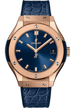 Load image into Gallery viewer, Hublot Classic Fusion King Gold Blue Watch - 33 mm - Blue Dial - Blue Rubber and Leather Strap-581.OX.7180.LR - Luxury Time NYC