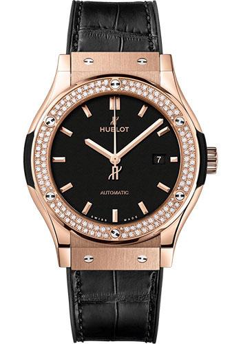 Hublot Classic Fusion King Gold Diamonds Watch - 42 mm - Black Dial - Black Rubber and Leather Strap-542.OX.1181.LR.1104 - Luxury Time NYC