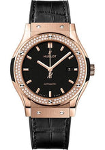 Load image into Gallery viewer, Hublot Classic Fusion King Gold Diamonds Watch - 42 mm - Black Dial - Black Rubber and Leather Strap-542.OX.1181.LR.1104 - Luxury Time NYC