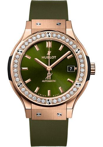 Hublot Classic Fusion King Gold Green Diamonds Watch - 38 mm - Green Dial - Green Lined Rubber Strap-565.OX.8980.RX.1204 - Luxury Time NYC