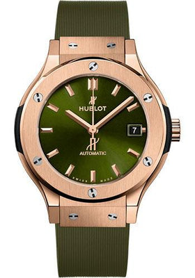 Hublot Classic Fusion King Gold Green Watch - 38 mm - Green Dial - Green Lined Rubber Strap-565.OX.8980.RX - Luxury Time NYC