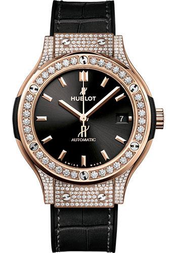 Hublot Classic Fusion King Gold Pave Watch - 38 mm - Black Dial - Black Rubber and Leather Strap-565.OX.1480.LR.1604 - Luxury Time NYC