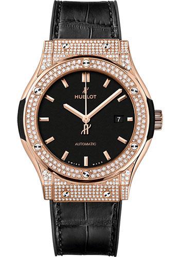 Hublot Classic Fusion King Gold Pave Watch - 42 mm - Black Dial - Black Rubber and Leather Strap-542.OX.1181.LR.1704 - Luxury Time NYC