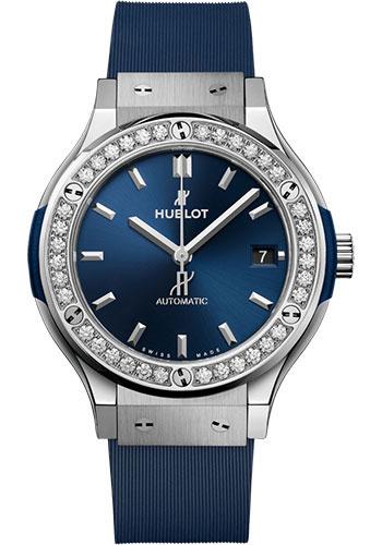 Hublot Classic Fusion Titanium Blue Diamonds Watch - 38 mm - Blue Dial - Blue Lined Rubber Strap-565.NX.7170.RX.1204 - Luxury Time NYC
