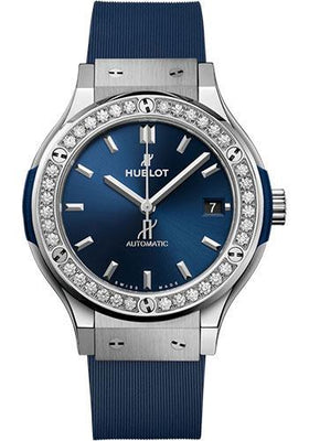 Hublot Classic Fusion Titanium Blue Diamonds Watch - 38 mm - Blue Dial - Blue Lined Rubber Strap-565.NX.7170.RX.1204 - Luxury Time NYC