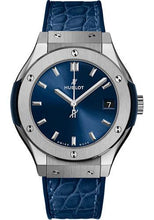 Load image into Gallery viewer, Hublot Classic Fusion Titanium Blue Watch - 33 mm - Blue Dial - Blue Rubber and Leather Strap-581.NX.7170.LR - Luxury Time NYC