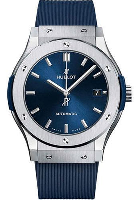 Hublot Classic Fusion Titanium Blue Watch - 45 mm - Blue Dial - Blue Lined Rubber Strap-511.NX.7170.RX - Luxury Time NYC