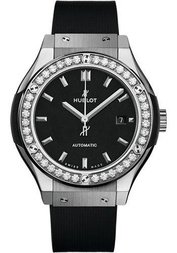 Hublot Classic Fusion Titanium Diamonds Watch - 33 mm - Black Dial - Black Rubber and Leather Strap-582.NX.1170.RX.1204 - Luxury Time NYC