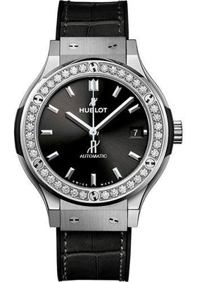 Hublot Classic Fusion Titanium Diamonds Watch - 38 mm - Black Dial - Black Rubber and Leather Strap-565.NX.1470.LR.1204 - Luxury Time NYC