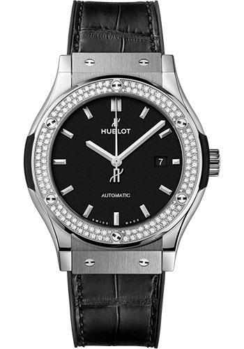 Hublot Classic Fusion Titanium Diamonds Watch - 42 mm - Black Dial - Black Rubber and Leather Strap-542.NX.1171.LR.1104 - Luxury Time NYC