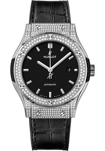 Hublot Classic Fusion Titanium Pave Watch - 42 mm - Black Dial - Black Rubber and Leather Strap-542.NX.1171.LR.1704 - Luxury Time NYC
