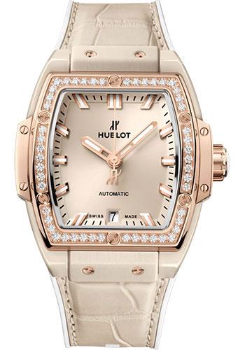 Hublot Spirit of Big Bang Beige Ceramic King Gold Diamonds Watch - 39 mm - Beige Dial - White Rubber and Beige Alligator Strap-665.CZ.898B.LR.1204 - Luxury Time NYC