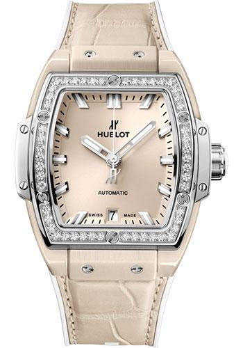 Hublot Spirit of Big Bang Beige Ceramic Titanium Diamonds Watch - 39 mm - Beige Dial - White Rubber and Beige Alligator Strap-665.CZ.891B.LR.1204 - Luxury Time NYC