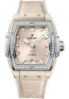 Hublot Spirit of Big Bang Beige Ceramic Titanium Diamonds Watch - 39 mm - Beige Dial - White Rubber and Beige Alligator Strap-665.CZ.891B.LR.1204 - Luxury Time NYC