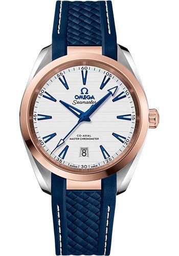 Omega Aqua Terra 150M Co-Axial Master Chronometer Watch - 38 mm Steel And Sedna Gold Case - Silvery Dial - Blue Structured Rubber Strap - 220.22.38.20.02.001 - Luxury Time NYC