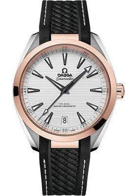 Omega Aqua Terra 150M Co-Axial Master Chronometer Watch - 41 mm Steel And Sedna Gold Case - Silvery Dial - Black Structured Rubber Strap - 220.22.41.21.02.001 - Luxury Time NYC