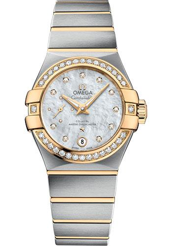 Omega Constellation Co-Axial Master CHRONOMETER Small Seconds Petite Seconde Watch - 27 mm Steel And Yellow Gold Case - White Mother-Of-Pearl Diamond Dial - 127.25.27.20.55.002 - Luxury Time NYC