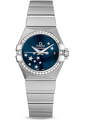 Omega Constellation Co-Axial Star ORBIS Collection Watch - 27 mm Brushed Steel Case - Diamond Bezel - Blue Dial - 123.15.27.20.03.001 - Luxury Time NYC