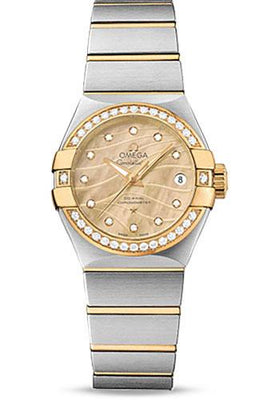 Omega Constellation Co-Axial Watch - 27 mm Steel And Yellow Gold Case - Diamond-Set Yellow Gold Bezel - Champagne Mother-Of-Pearl Dial - Steel Bracelet - 123.25.27.20.57.002 - Luxury Time NYC