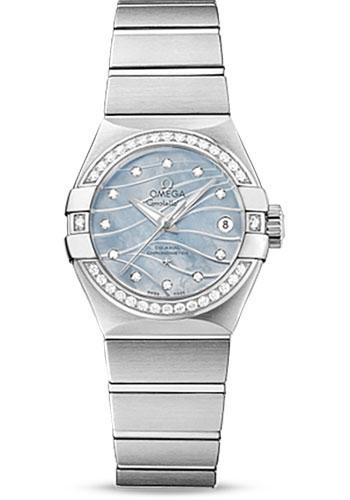 Omega Constellation Co-Axial Watch - 27 mm Steel Case - Diamond-Set Steel Bezel - Blue Mother-Of-Pearl Dial - 123.15.27.20.57.001 - Luxury Time NYC