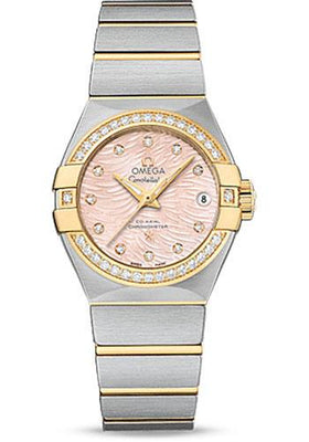 Omega Constellation Co-Axial Watch - 27 mm Steel Case - Diamond-Set Yellow Gold Bezel - Pink Mother-Of-Pearl Dial - 123.25.27.20.57.005 - Luxury Time NYC