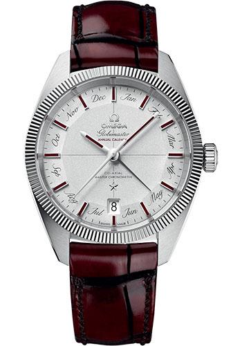Omega Constellation Globemaster Co-Axial Master Chronometer Annual Calendar Limited Edition of 52 Watch - 41 mm Platinum Case - Platinum Dial - Burgundy Leather Strap - 130.93.41.22.99.001 - Luxury Time NYC