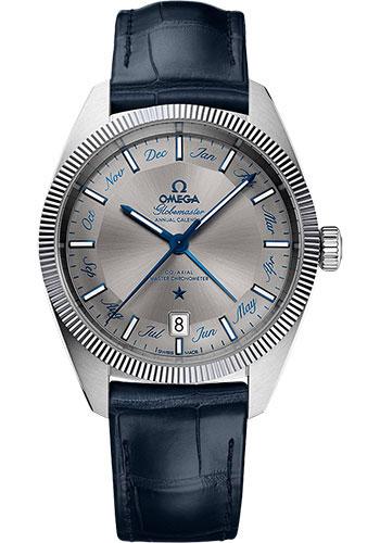 Omega Constellation Globemaster Co-Axial Master Chronometer Annual Calendar Watch - 41 mm Steel Case - Fluted Bezel - Grey Dial - Blue Leather Strap - 130.33.41.22.06.001 - Luxury Time NYC
