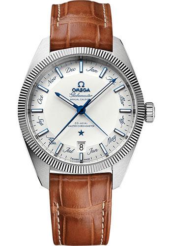 Omega Constellation Globemaster Co-Axial Master Chronometer Annual Calendar Watch - 41 mm Steel Case - Fluted Bezel - Silvery Dial - Light Brown Leather Strap - 130.33.41.22.02.001 - Luxury Time NYC