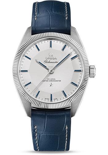 Omega Constellation Globemaster Co-Axial Master Chronometer Limited Edition of 352 Watch - 39 mm 950 Platinum Case - Fluted Bezel - Grey Dial - Blue Leather Strap - 130.93.39.21.99.001 - Luxury Time NYC