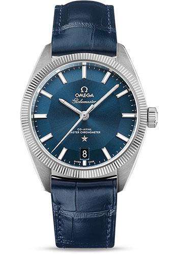 Omega Constellation Globemaster Co-Axial Master Chronometer Watch - 39 mm Steel Case - Fluted Bezel - Blue Dial - Blue Leather Strap - 130.33.39.21.03.001 - Luxury Time NYC