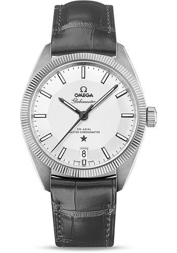 Omega Constellation Globemaster Co-Axial Master Chronometer Watch - 39 mm Steel Case - Fluted Bezel - Silver Dial - Grey Leather Strap - 130.33.39.21.02.001 - Luxury Time NYC