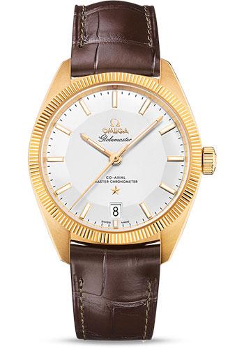 Omega Constellation Globemaster Co-Axial Master Chronometer Watch - 39 mm Yellow Gold Case - Fluted Bezel - Silvery Dial - Brown Leather Strap - 130.53.39.21.02.002 - Luxury Time NYC